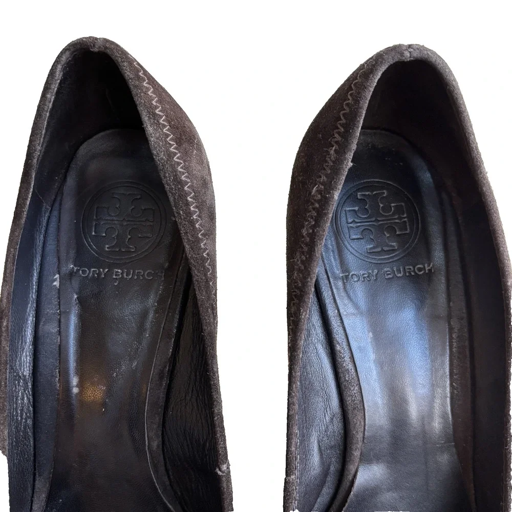 Tory Burch Brown Suede Pumps Wedge High Heels Round Logo Shoes Ladies US 9.5M